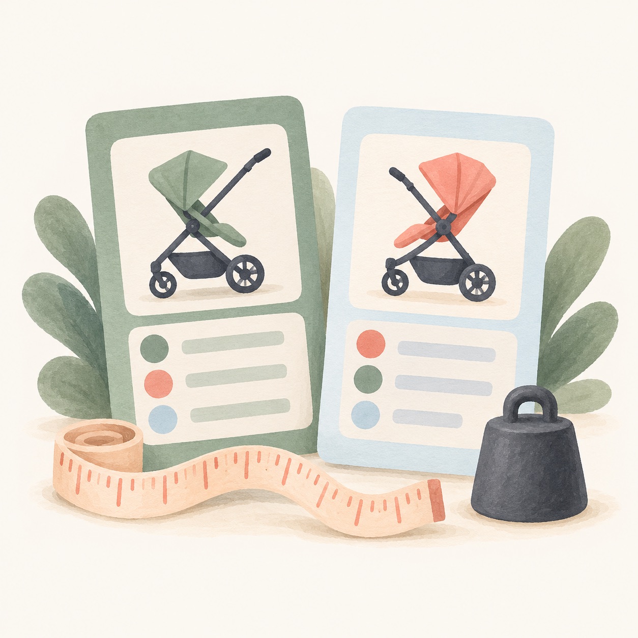Illustration of two stroller spec cards compared side by side with a measuring tape and a scale