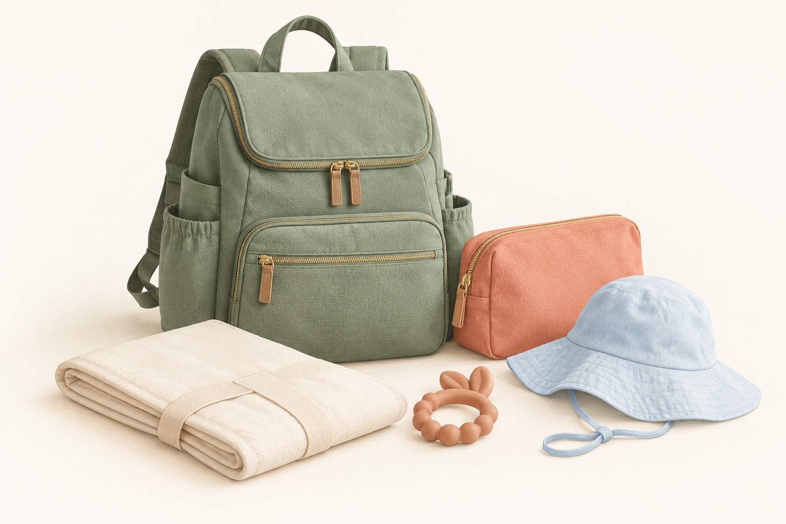 A sage teal diaper backpack with a changing mat, pouch, sun hat, and teether