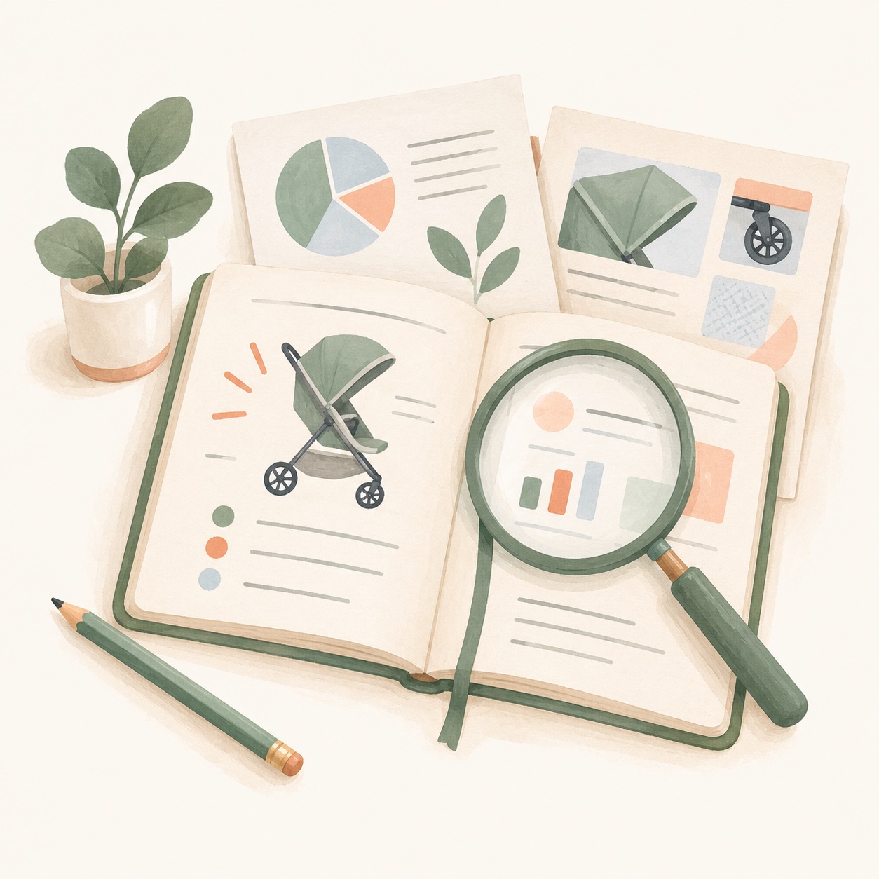 Illustration of an open research notebook with a stroller sketch, charts, and a magnifying glass