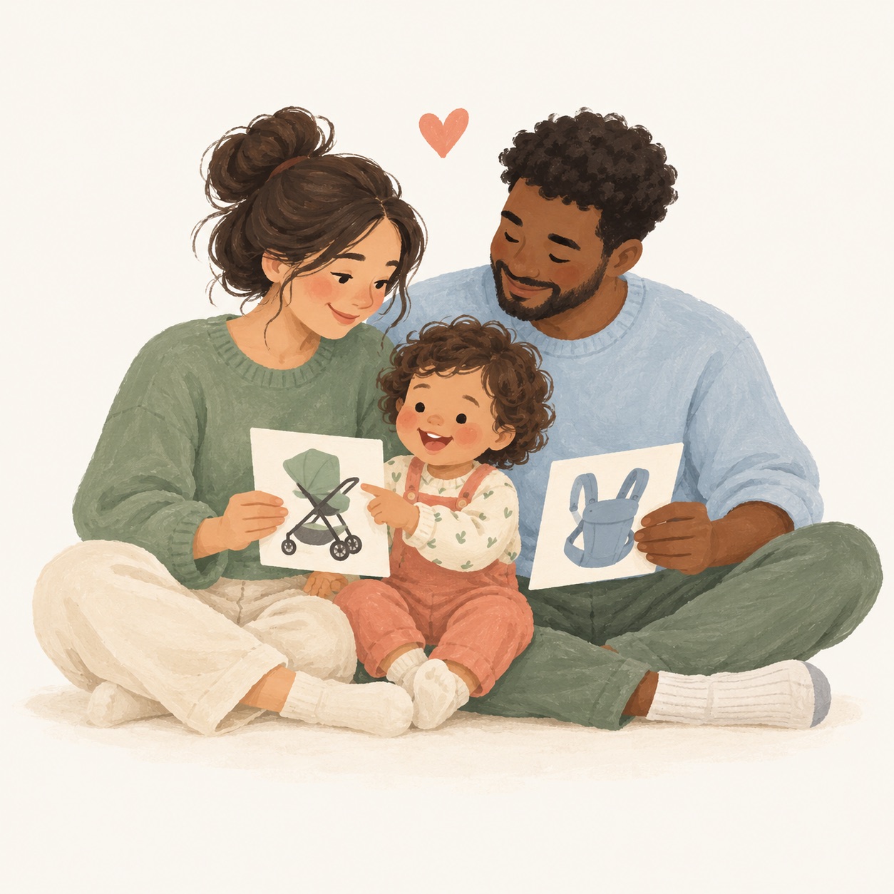 Illustration of a family sitting together holding picture cards of a stroller and a baby carrier