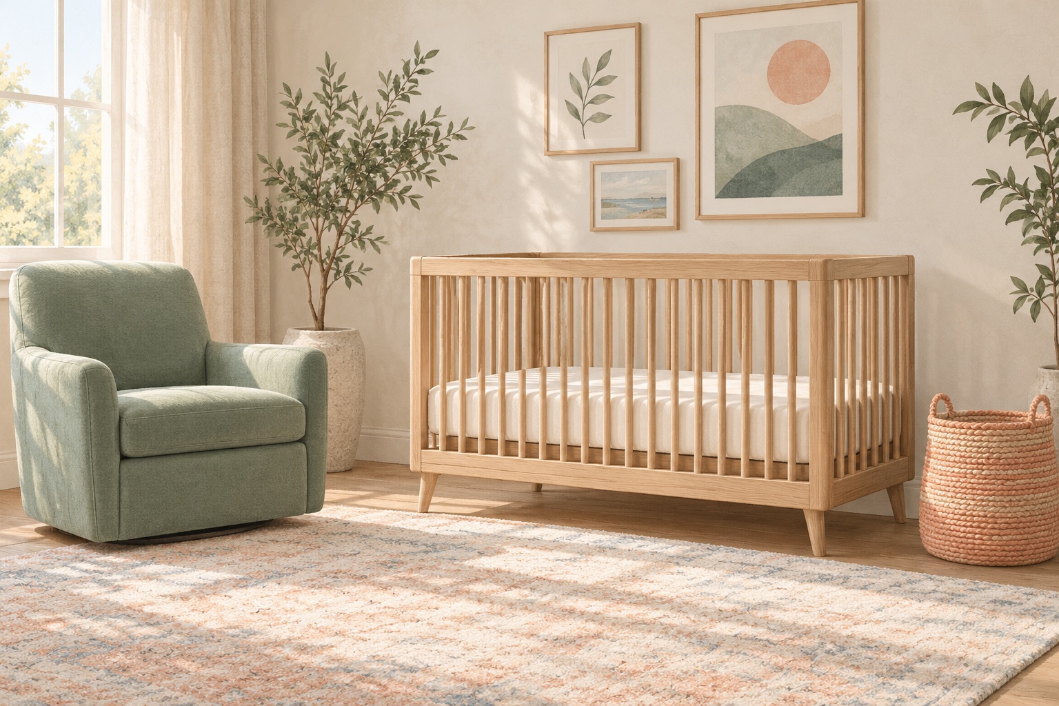 A calm nursery with an oak crib, changing table, dresser, and sage armchair