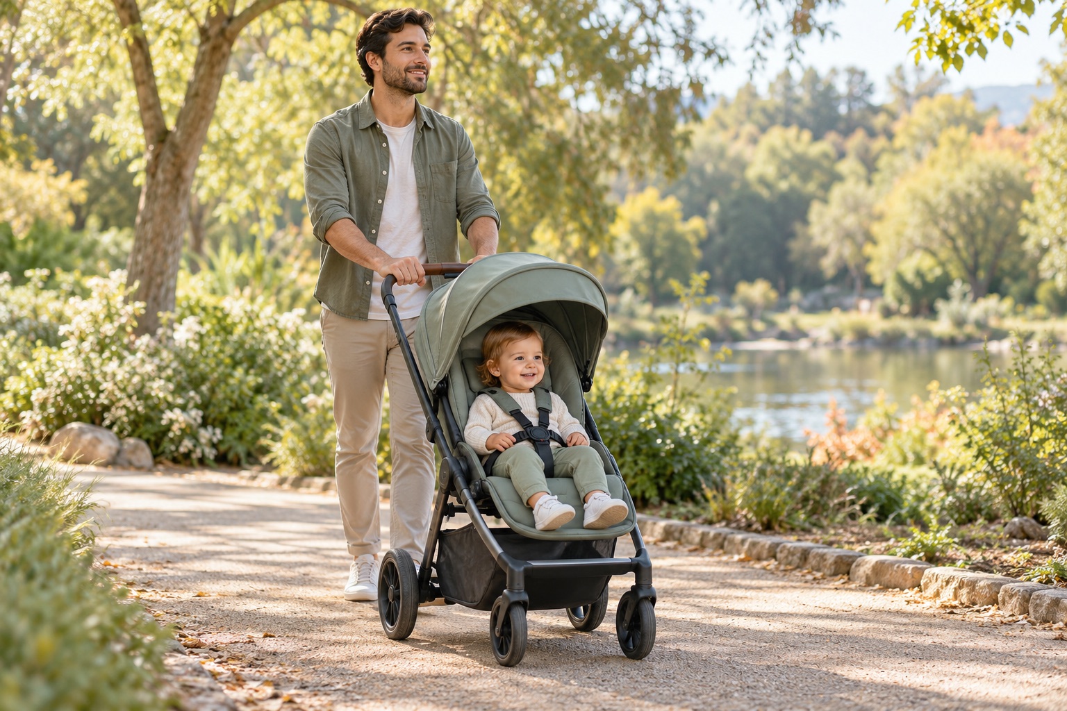 A dad walking with a toddler in a sage stroller along a leafy park path