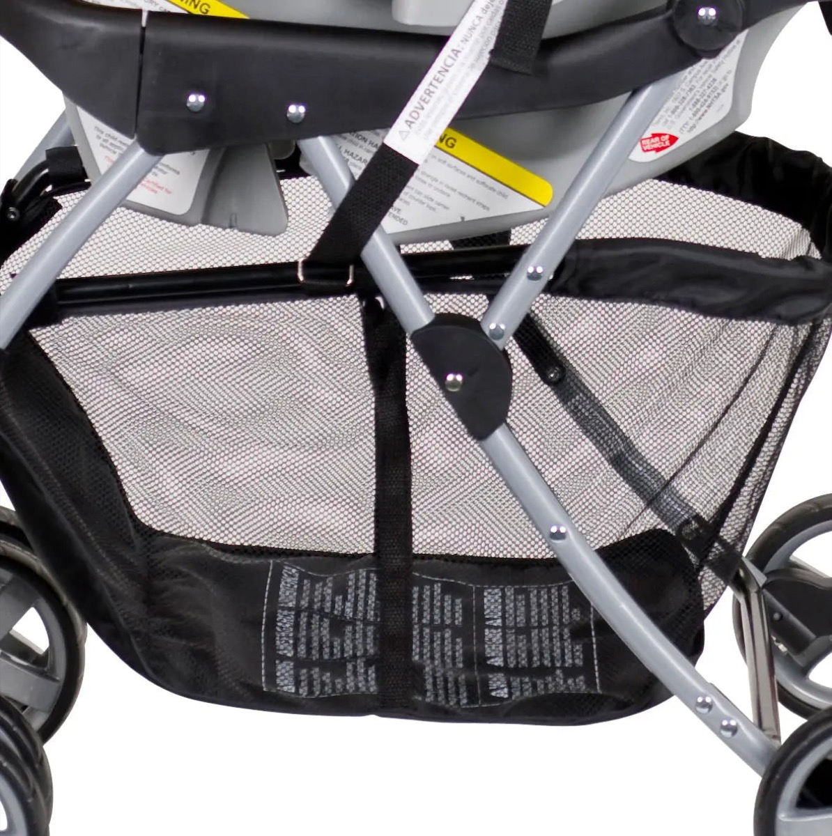 Official Baby Trend product-page photo of the Snap-N-Go EX Universal carrier collapsed for storage (manufacturer gallery shot accompanying the folded frame; filename references the storage bag view)
