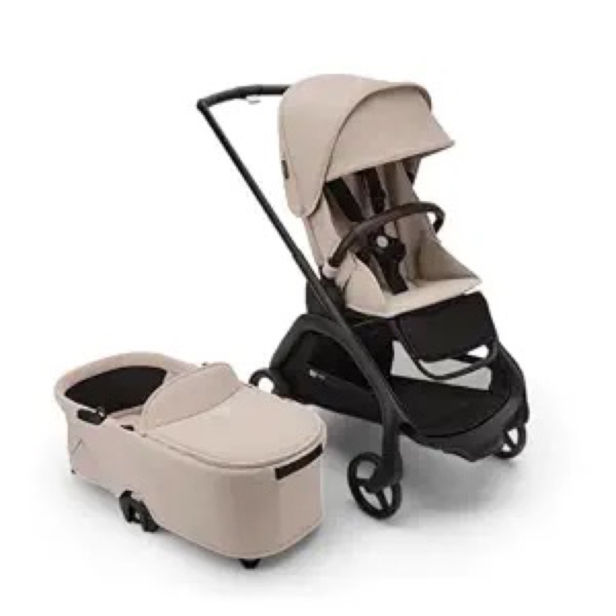 Amazon listing photo of the Bugaboo Dragonfly 2-in-1 City Stroller in Desert Taupe with bassinet and seat