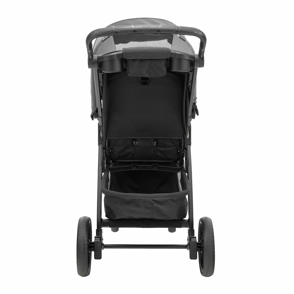 Bravo LE ClearTex stroller in Pewter, rear view showing the storage basket and large treaded rear wheels