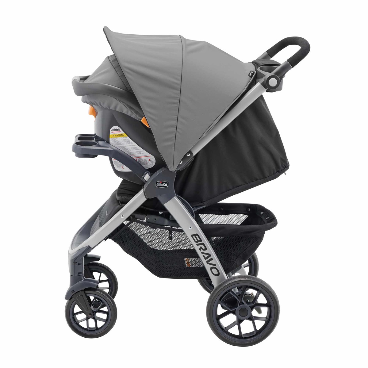 Side profile of the KeyFit 30 infant car seat clicked into the Bravo stroller frame in travel-system mode, showing the storage basket and treaded wheels, Camden colorway — manufacturer gallery view