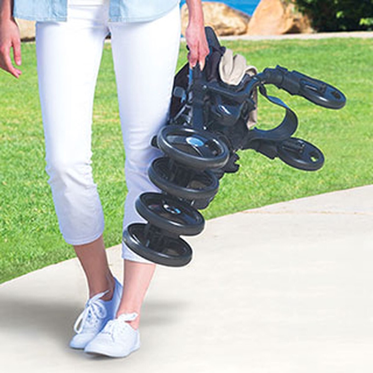Chicco Liteway stroller shown folded into its compact travel fold