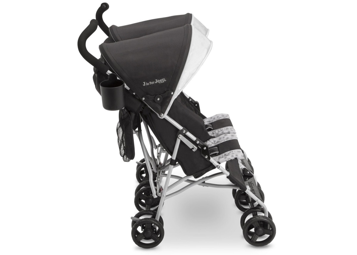 Jeep Scout Double Stroller in Charcoal Galaxy, right side profile, seats open showing reclining backrest, mesh storage bag and swivel front wheels