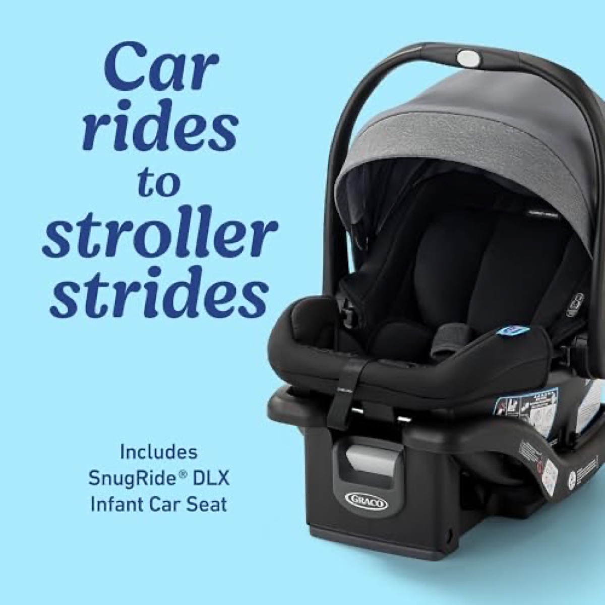 Close-up of the charcoal infant car seat with light-gray seat pad and the Graco logo on the headrest, shown as the travel system's car-seat component
