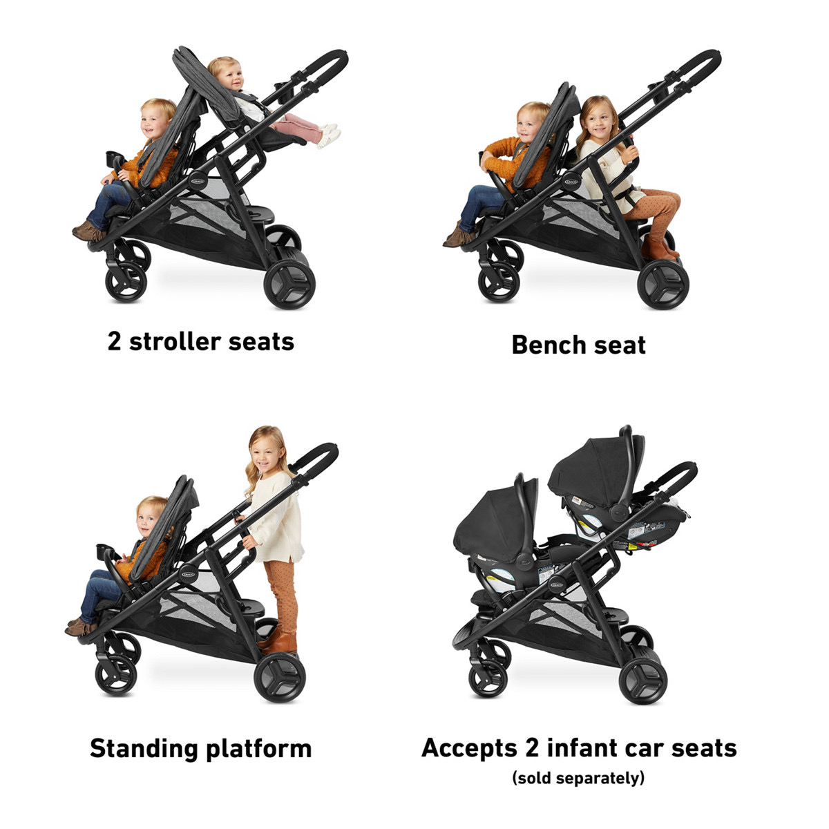 Four-panel mode collage on a white background — '2 stroller seats' with two toddlers riding in line, 'Bench seat' with an older child beside the front seat, 'Standing platform' with a child standing at the rear, and 'Accepts 2 infant car seats (sold separately)' showing two infant car seats clicked into the frame