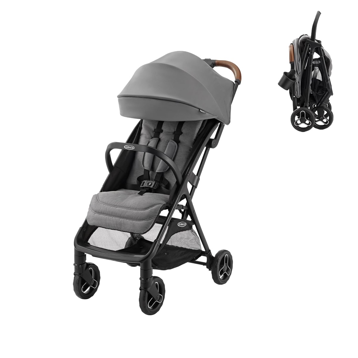 Gray Graco Ready2Jet stroller, Kingston, unfolded three-quarter view on a white background showing the canopy with visor, belly bar, harness with covers, leatherette handle with cup holder mounted, mesh storage basket, and swivel front wheels; a smaller inset at upper right shows the same stroller folded