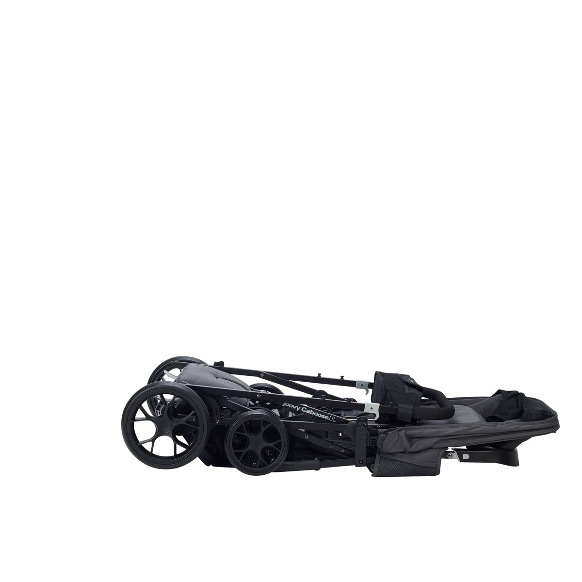 The Caboose UL stroller folded flat for storage on a white background, wheels stacked to one side and the frame showing the Caboose UL logo