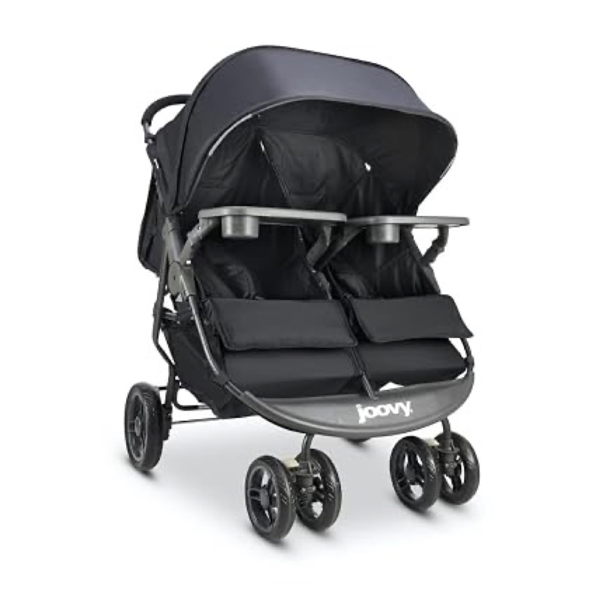 Product photo of the black Joovy Scooter X2 side-by-side double stroller from the buyer-facing Amazon listing