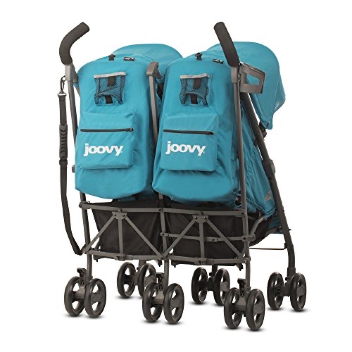 Rear view of the open Twin Groove Ultralight in Turquoise: zippered back-of-seat storage pockets with Joovy logos, the storage basket underneath and the shoulder carry strap at the frame