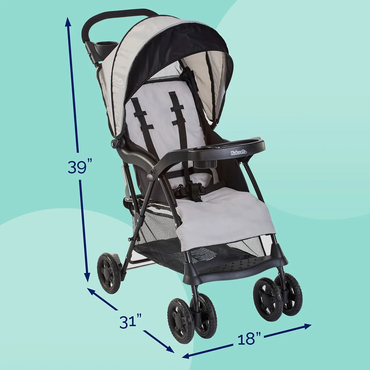 The Slate Gray Cloud Plus with printed measurement callouts for its assembled and folded sizes.