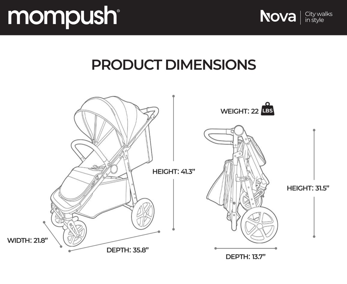 Official Mompush Nova spec-sheet diagram: unfolded line drawing (35.8 x 21.8 x 41.3 in) and freestanding folded profile (31.5 in high), 22 lbs