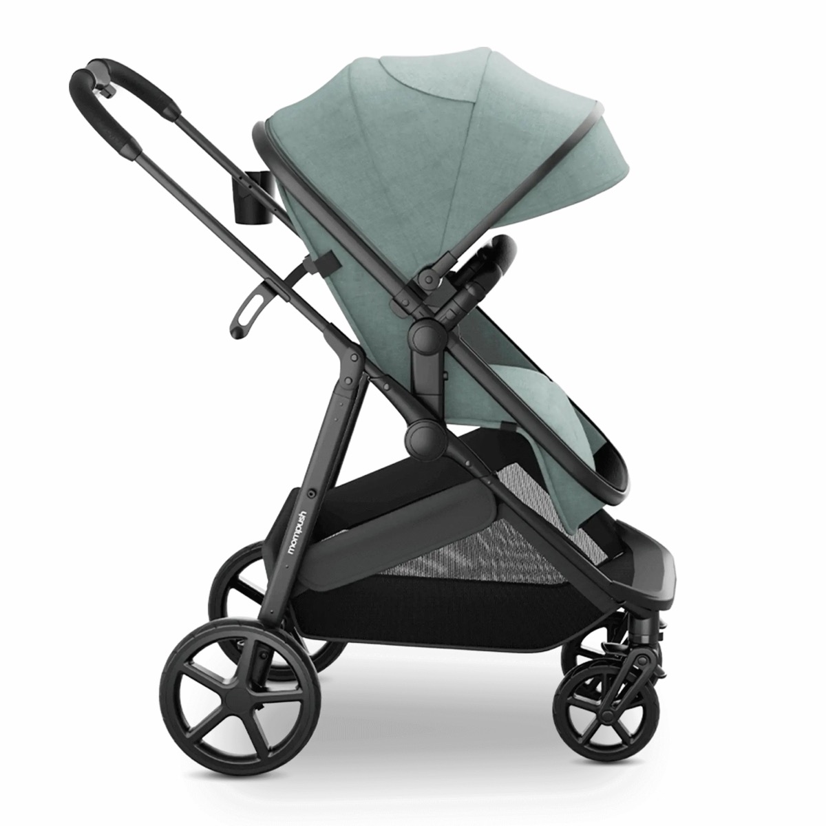 Side-profile studio view of the Sage Wiz in forward-facing seat mode at a mid recline, cup holder on the handlebar, mesh basket below and five-spoke rear wheel