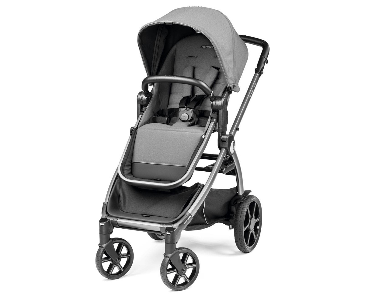 Peg Perego Ypsi single stroller in a grey colorway, seat world-facing, three-quarter front view on a white background