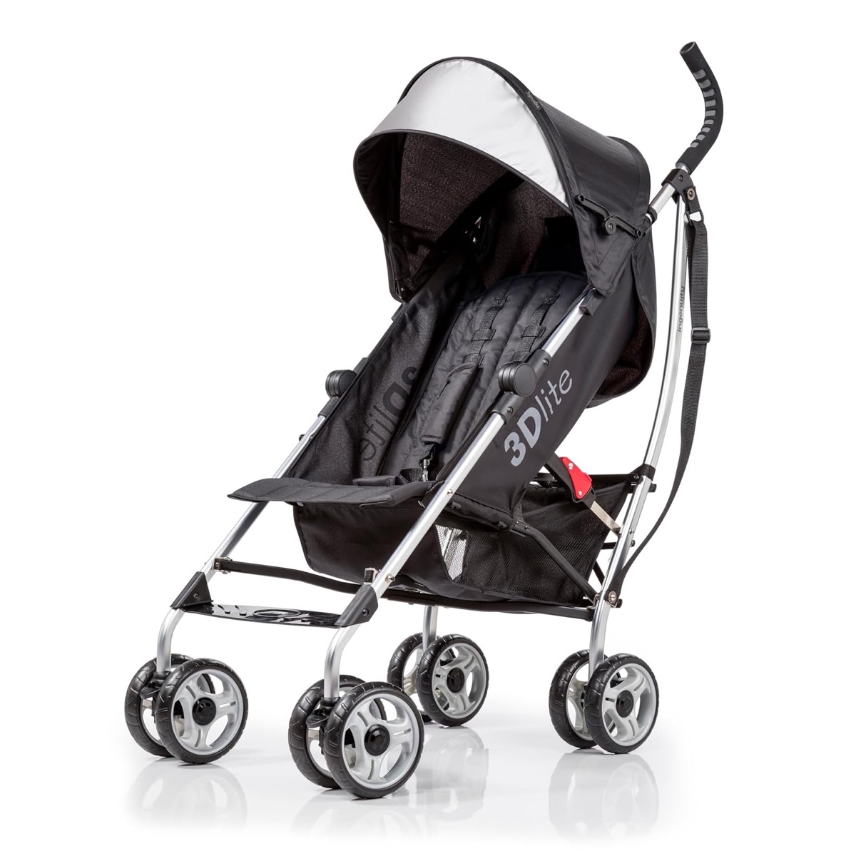 Same studio photo of the black 3Dlite umbrella stroller from the front left as the manufacturer page image, in Amazon's high-resolution hosting: silver frame, black 3Dlite seat fabric, extended canopy with light underside, mesh basket, carry strap on the handlebar