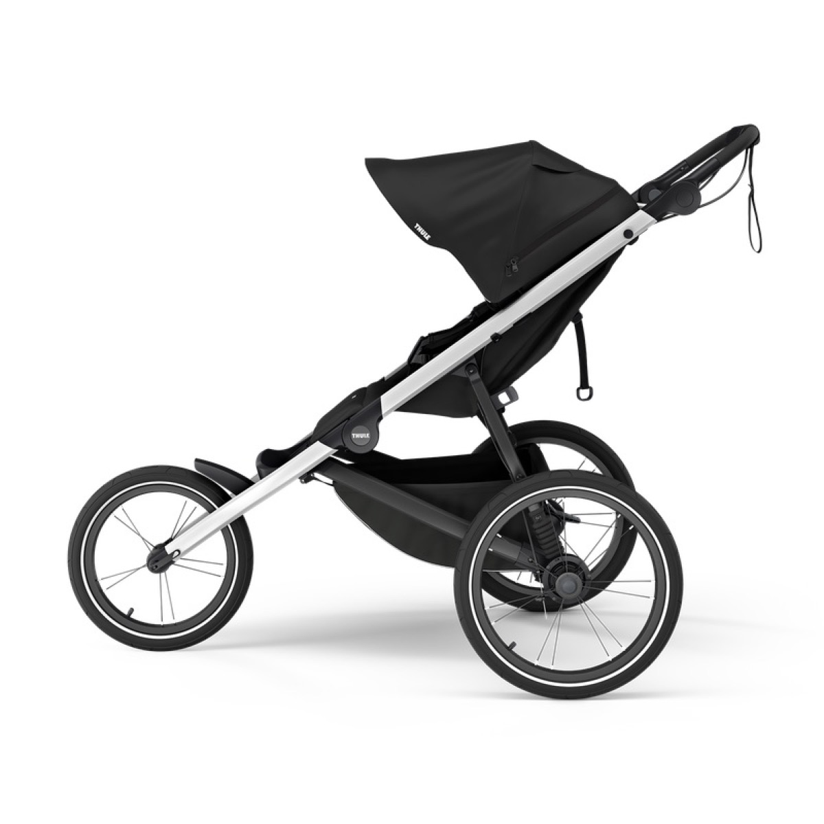 Official studio view of the black Thule Glide 3 jogging stroller from a secondary angle